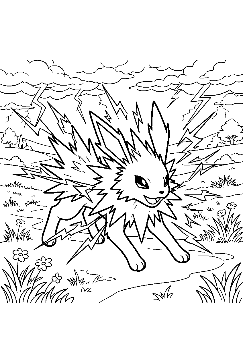 jolteon releasing sparks across a stormy grassland line art