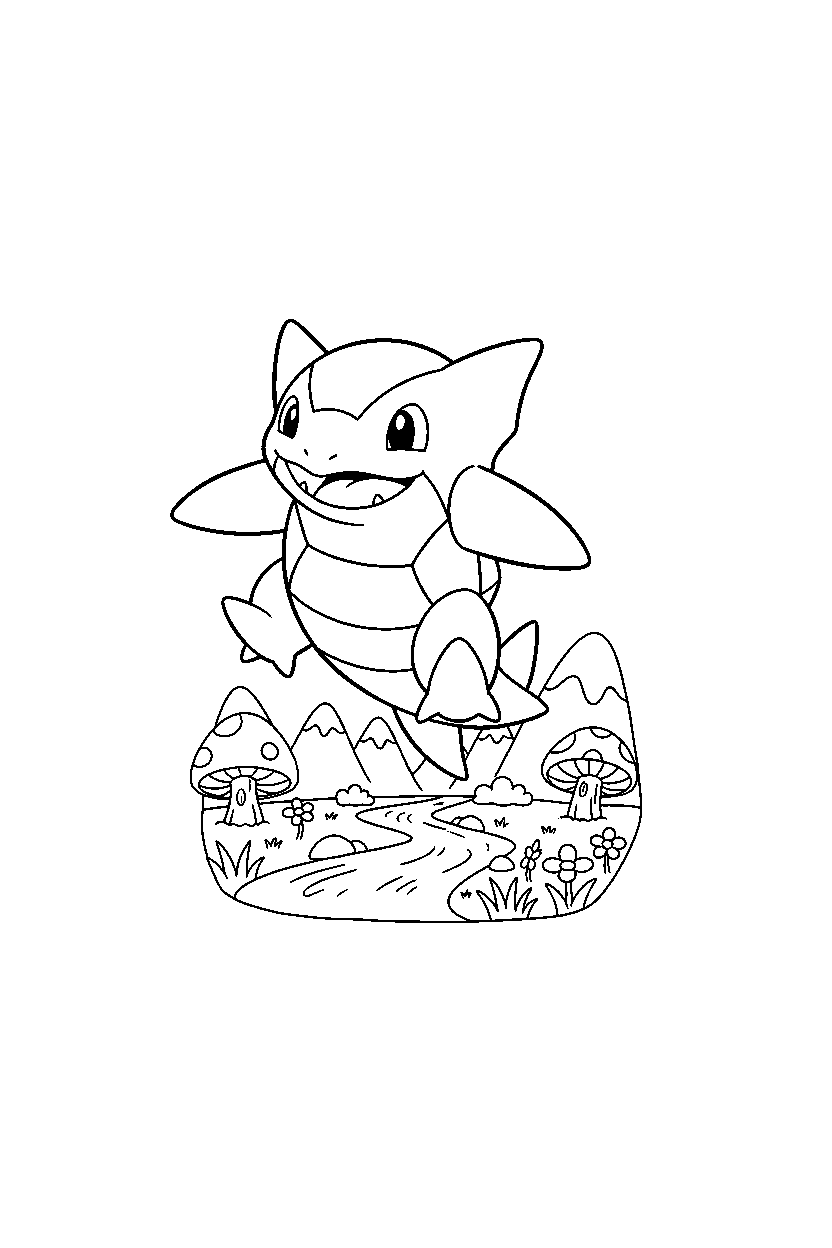 kyogre pokemon jumping happily in a magical valley line art