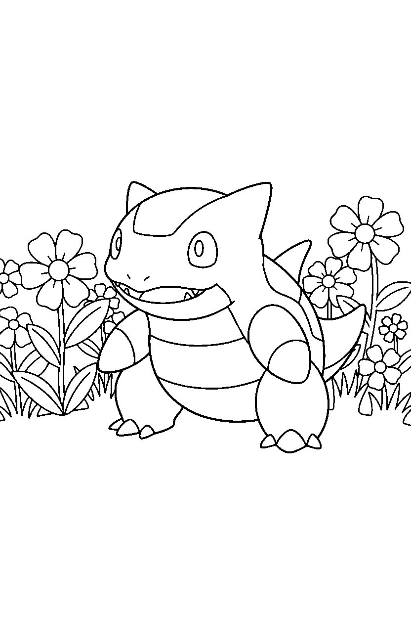 kyogre pokemon looking curious in a flower field line art
