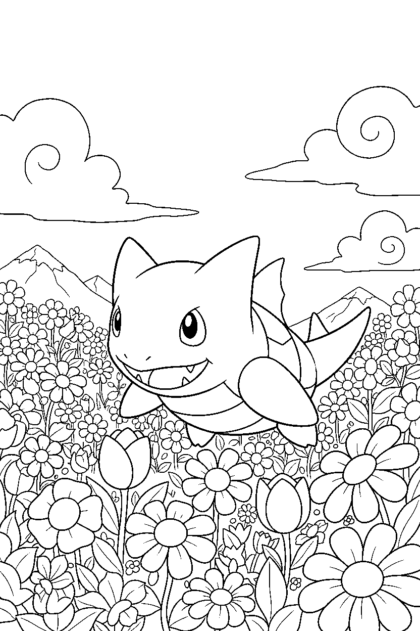 kyogre pokemon looking happy in a flower field line art