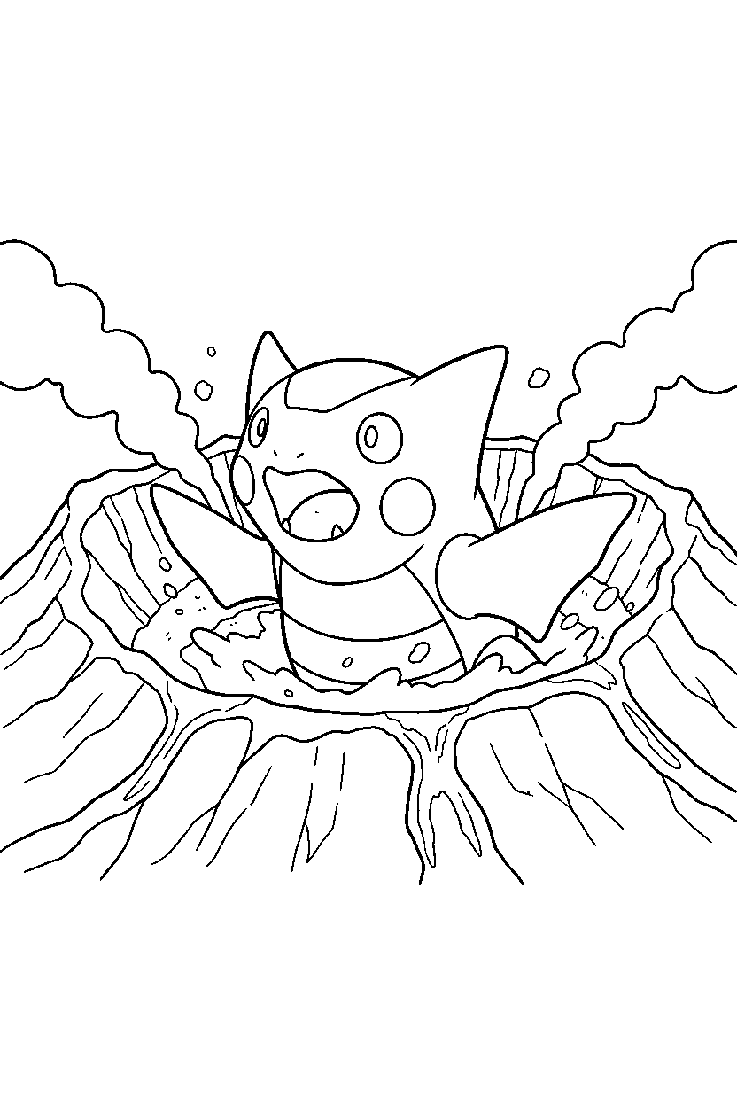 kyogre pokemon looking surprised in a volcano area line art