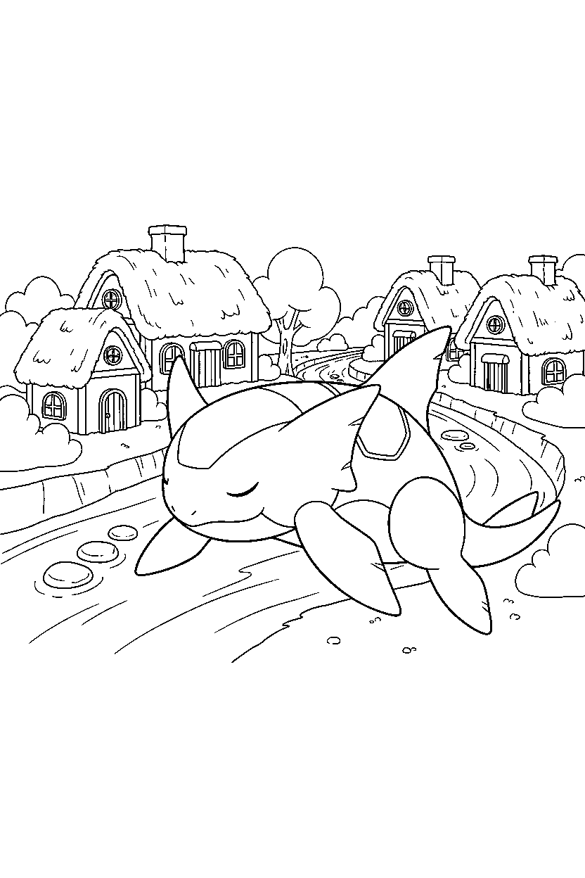 kyogre pokemon resting peacefully in a peaceful village line art