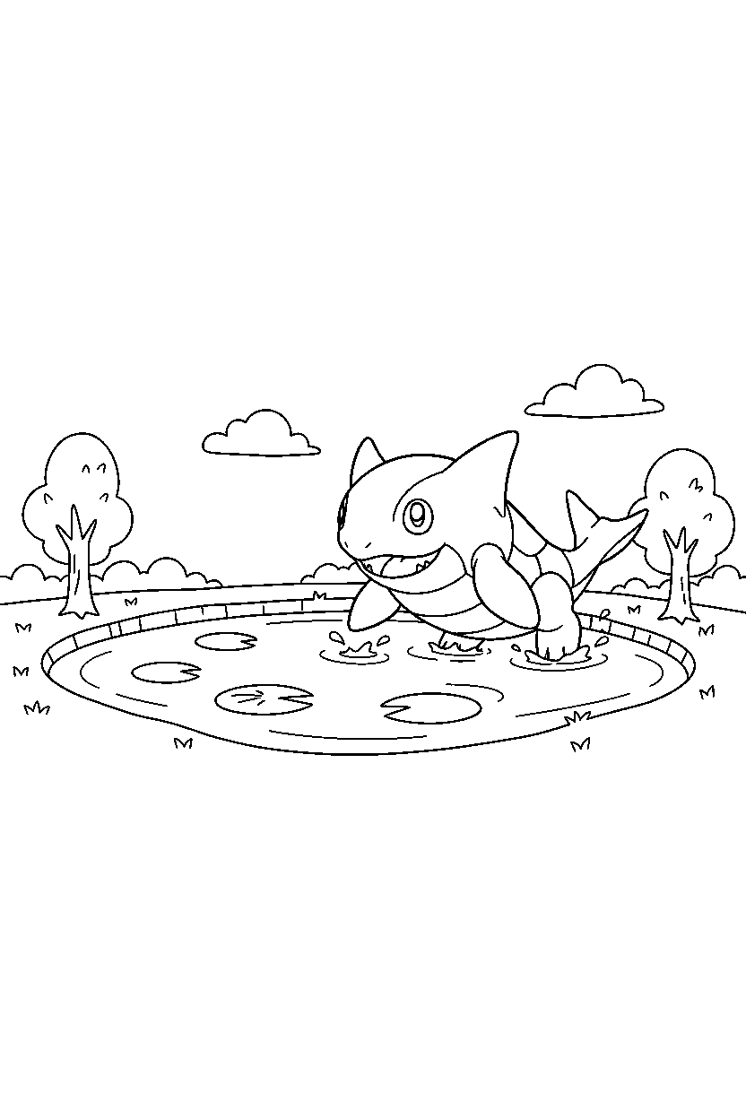 kyogre pokemon walking happily near a peaceful pond line art