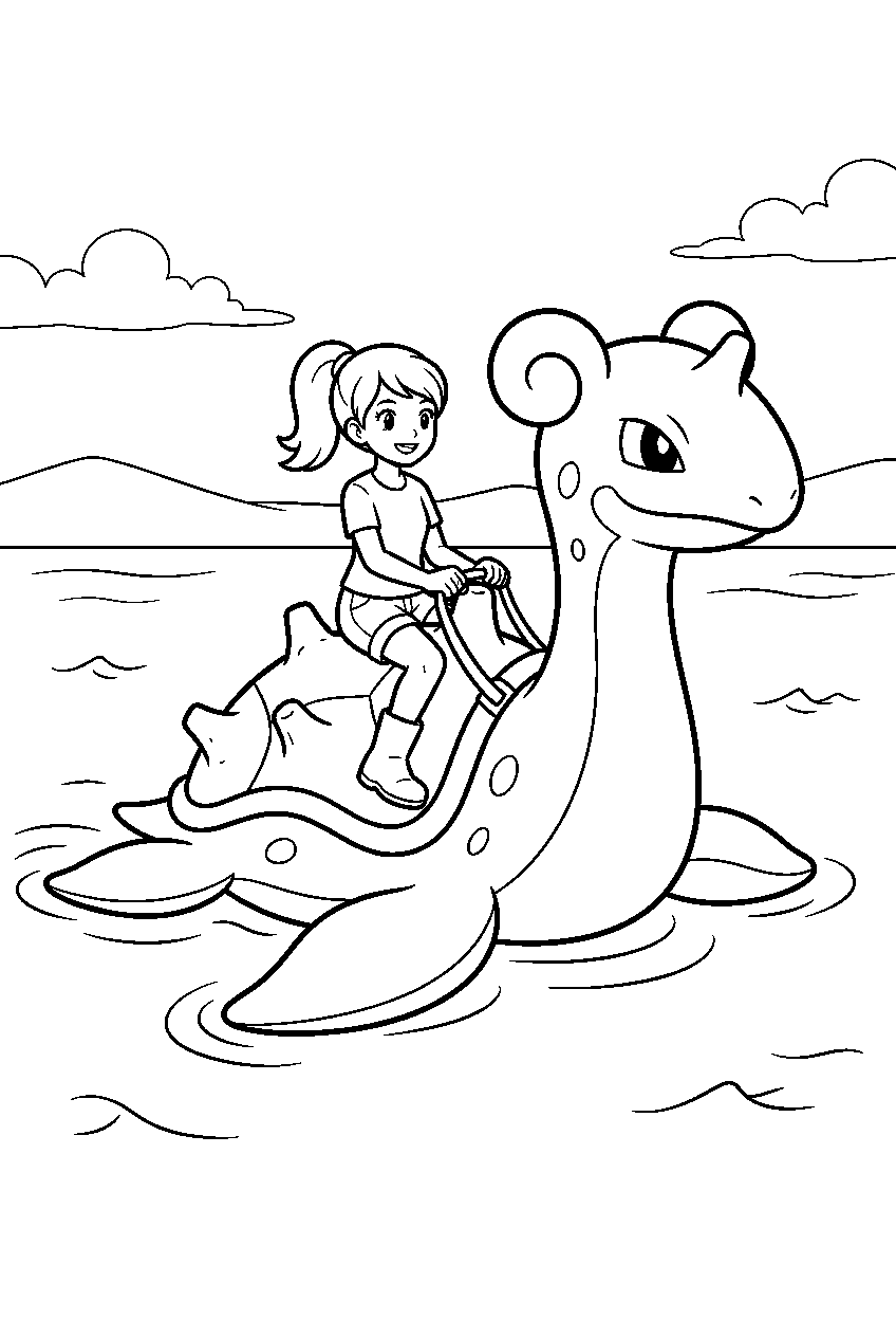 lapras carrying a trainer across a calm lake line art