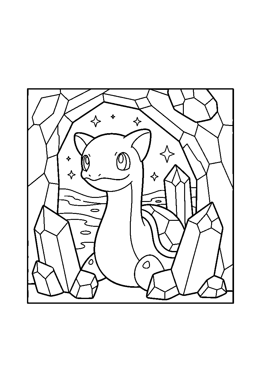 lapras pokemon hiding playfully inside a crystal cave line art