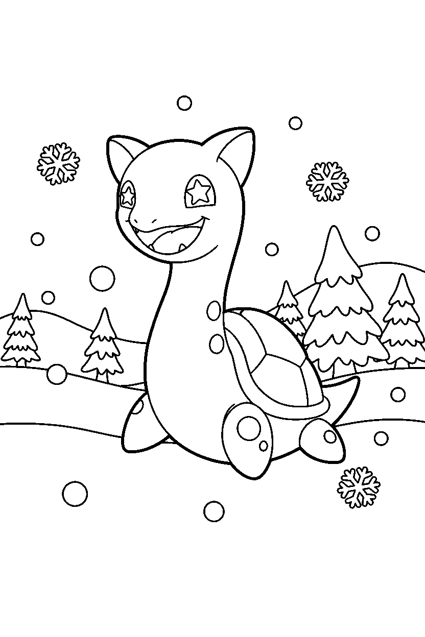 lapras pokemon looking excited in a winter landscape line art