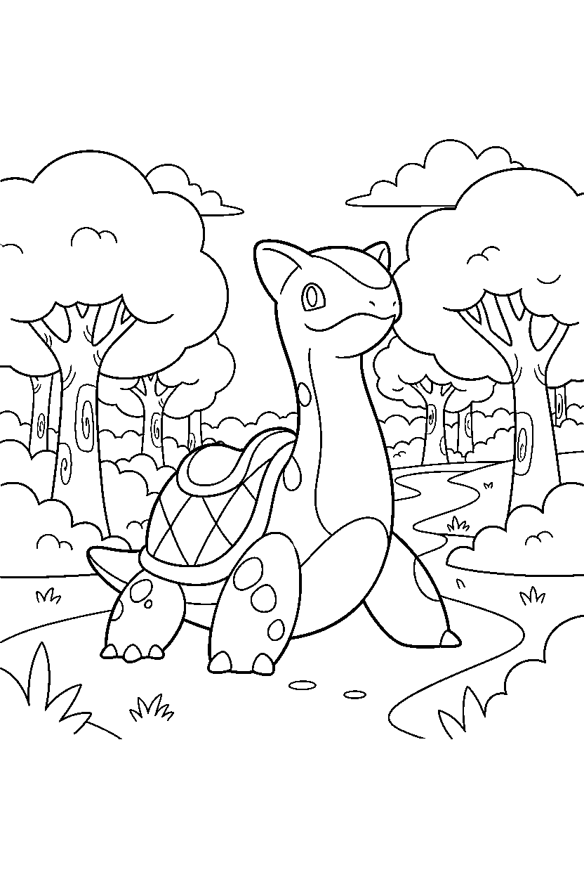lapras pokemon posing proudly near a forest path line art