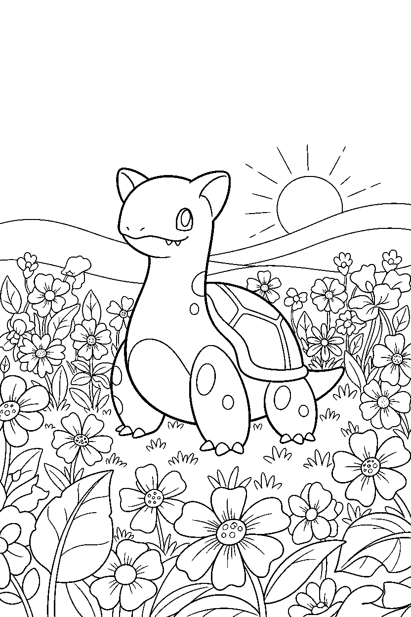 lapras pokemon standing proudly in a flower field line art