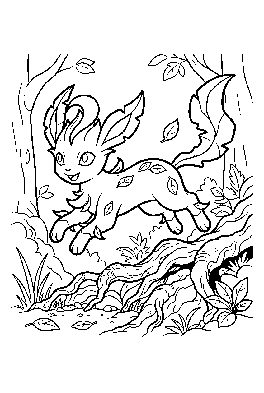 leafeon leaping over roots in a woodland grove line art