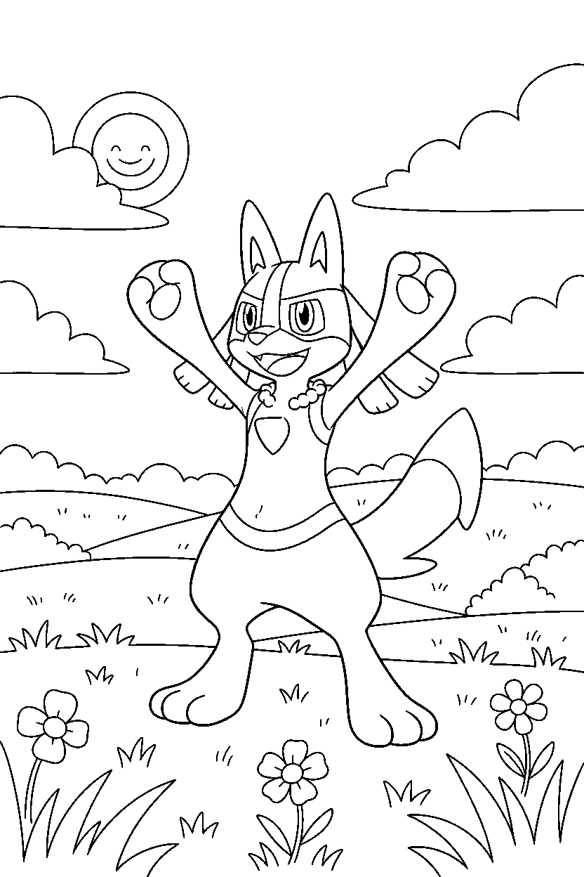 lucario pokemon cheering happily in a countryside field line art