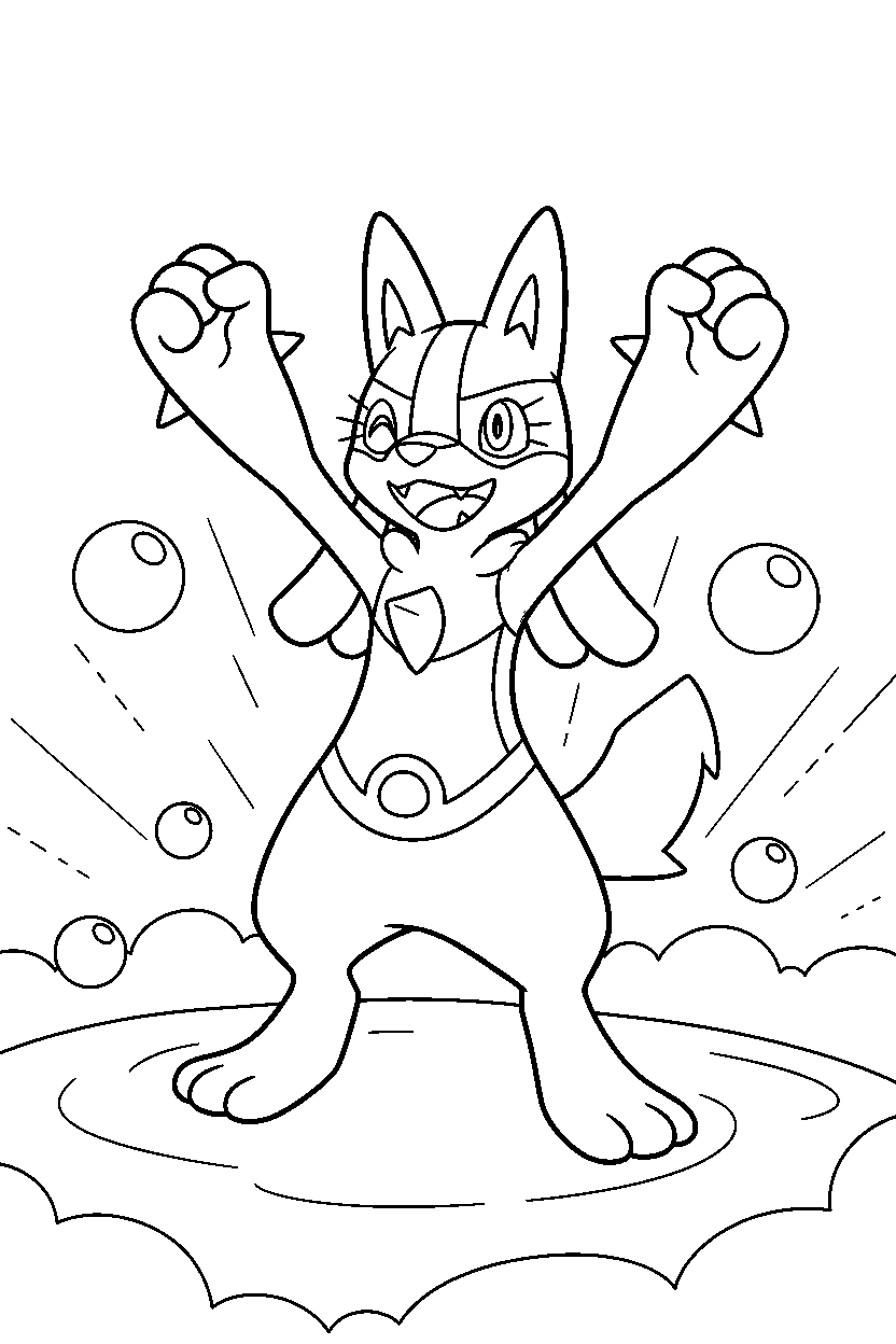 lucario pokemon cheering happily on a glowing plain line art