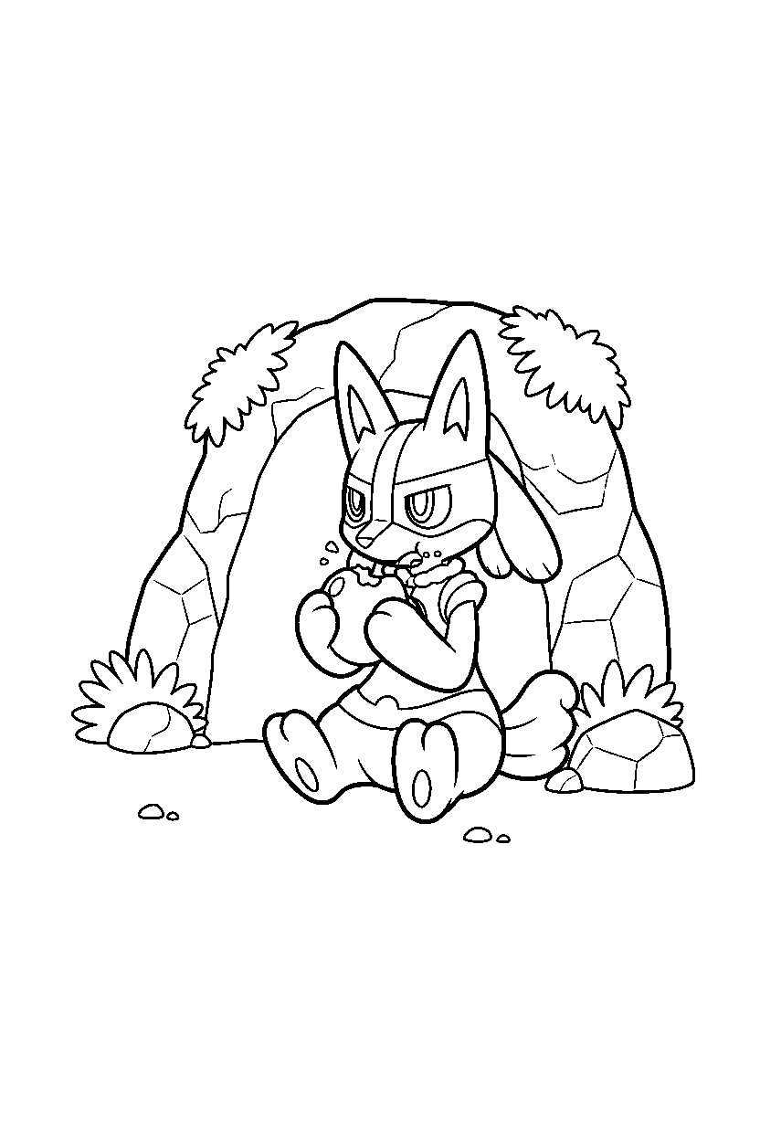 lucario pokemon eating a snack near a cave entrance line art