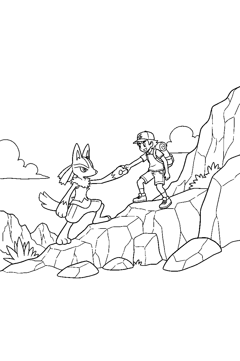 lucario pokemon helping a trainer on a rocky mountain line art