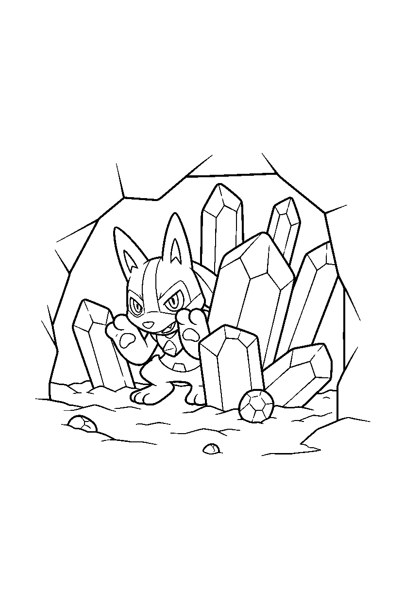 lucario pokemon hiding playfully inside a crystal cave line art