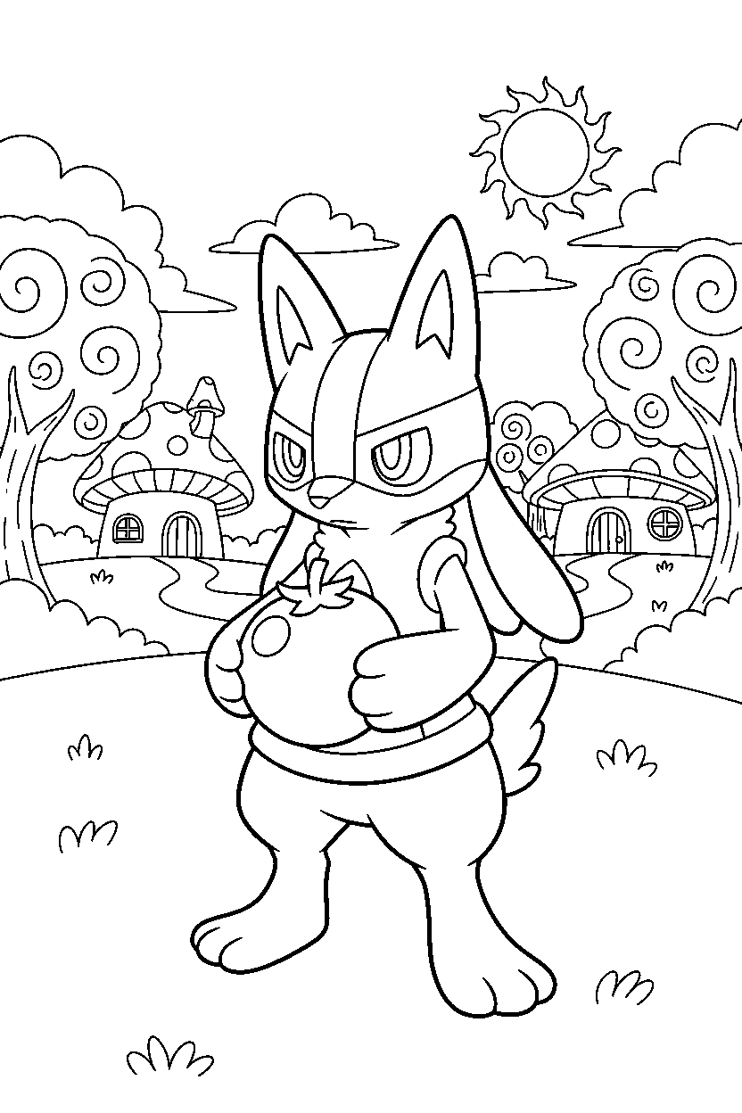 lucario pokemon holding a berry in a peaceful village line art