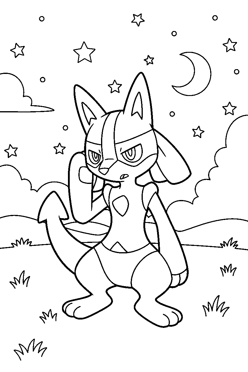 lucario pokemon listening carefully on a starry night field line art