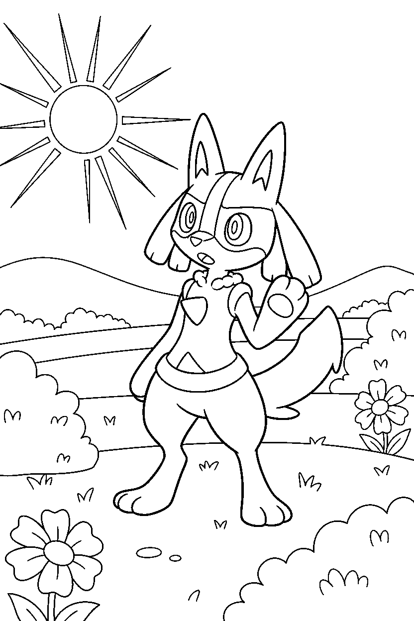 lucario pokemon looking curious in a countryside field line art