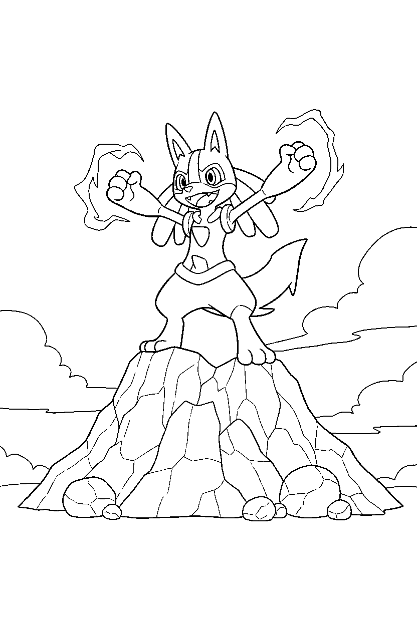 lucario pokemon looking excited on a rocky mountain line art