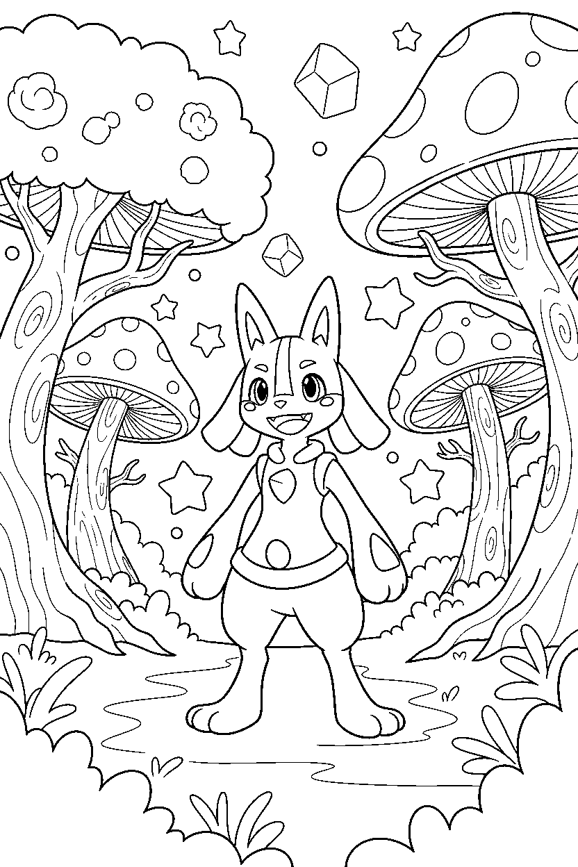 lucario pokemon looking happy in a magic forest line art