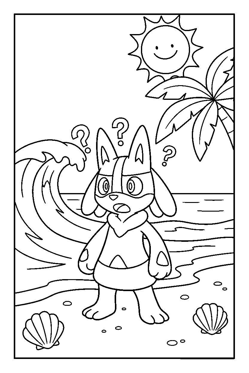 lucario pokemon looking surprised on a sunny beach line art