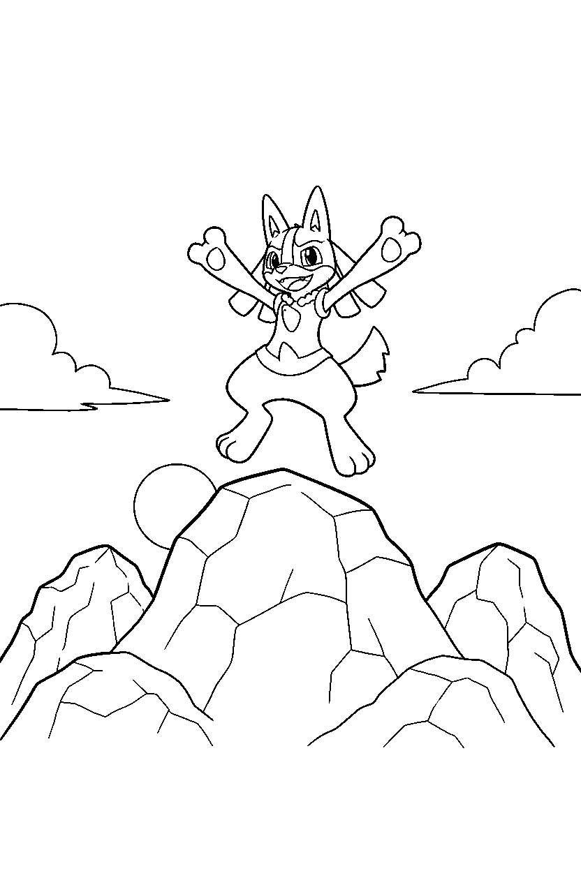 lucario pokemon playing happily on a rocky mountain line art