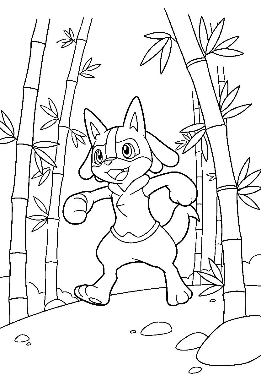 lucario pokemon running happily in a bamboo forest line art