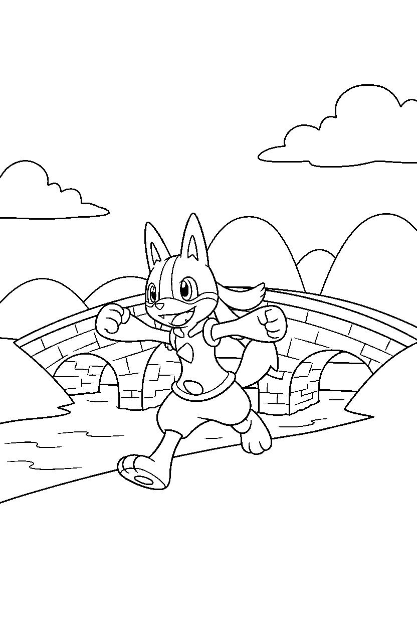 lucario pokemon running happily near a bridge line art
