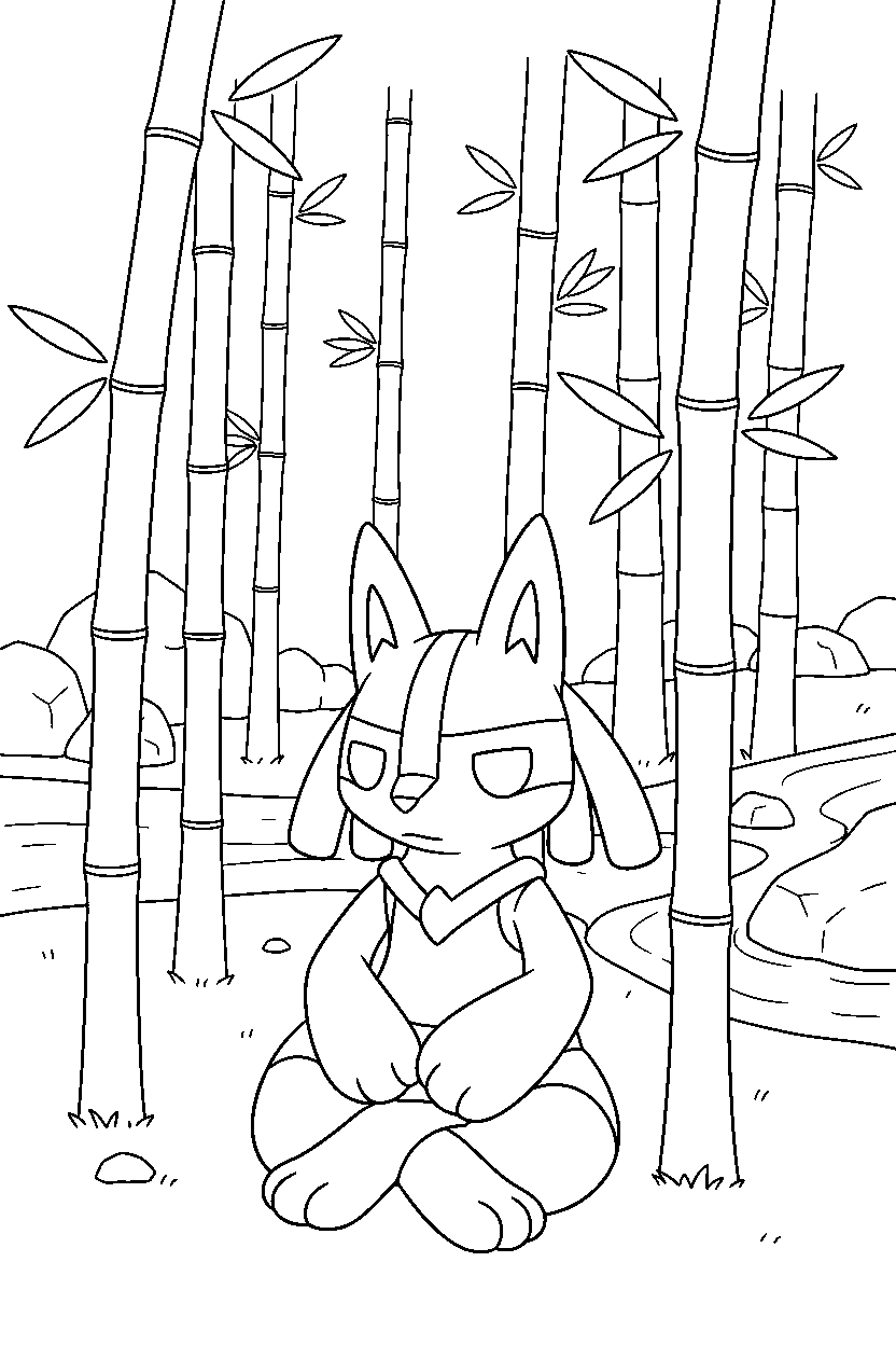 lucario pokemon sitting peacefully in a bamboo forest line art