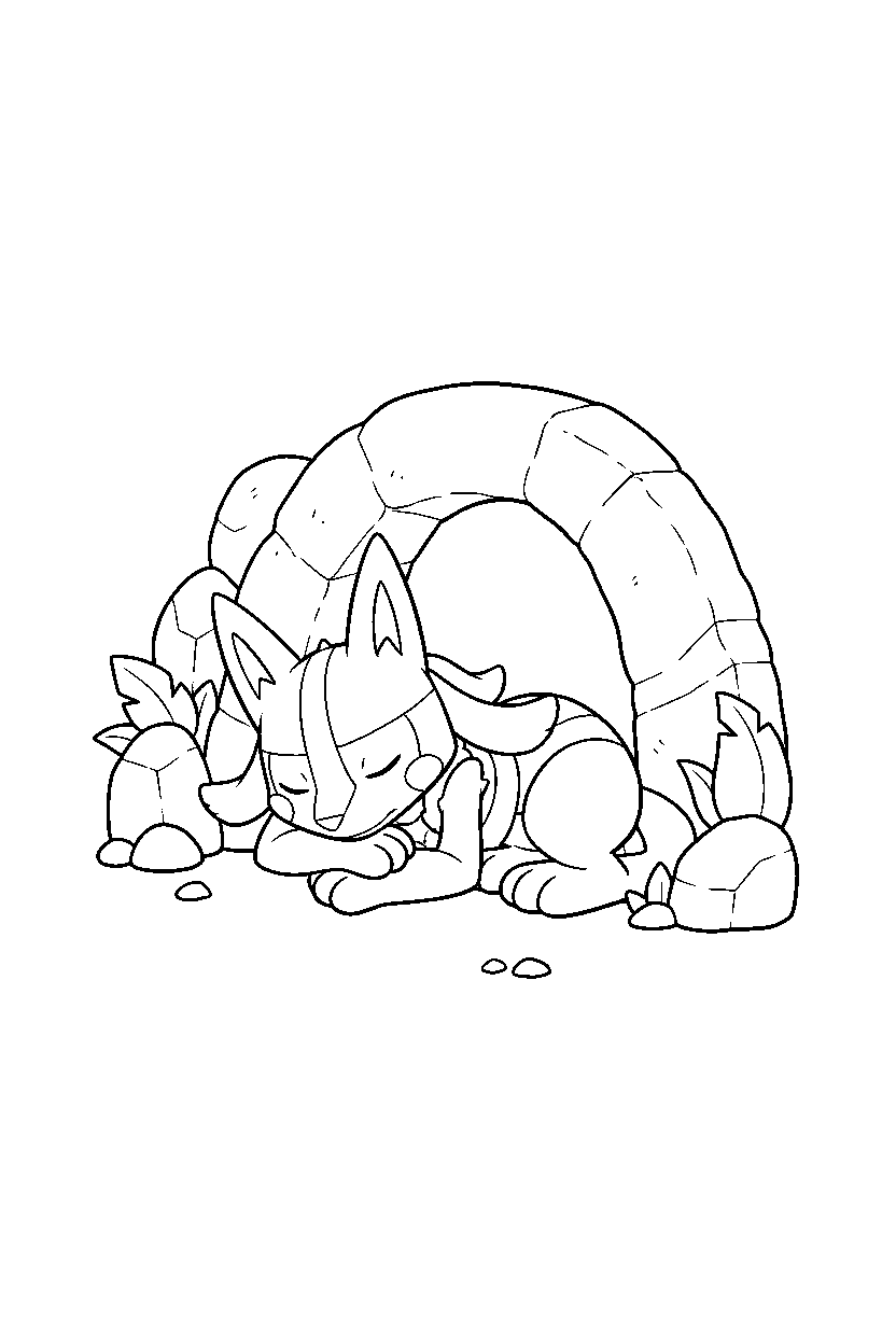 lucario pokemon sleeping peacefully near a cave entrance line art