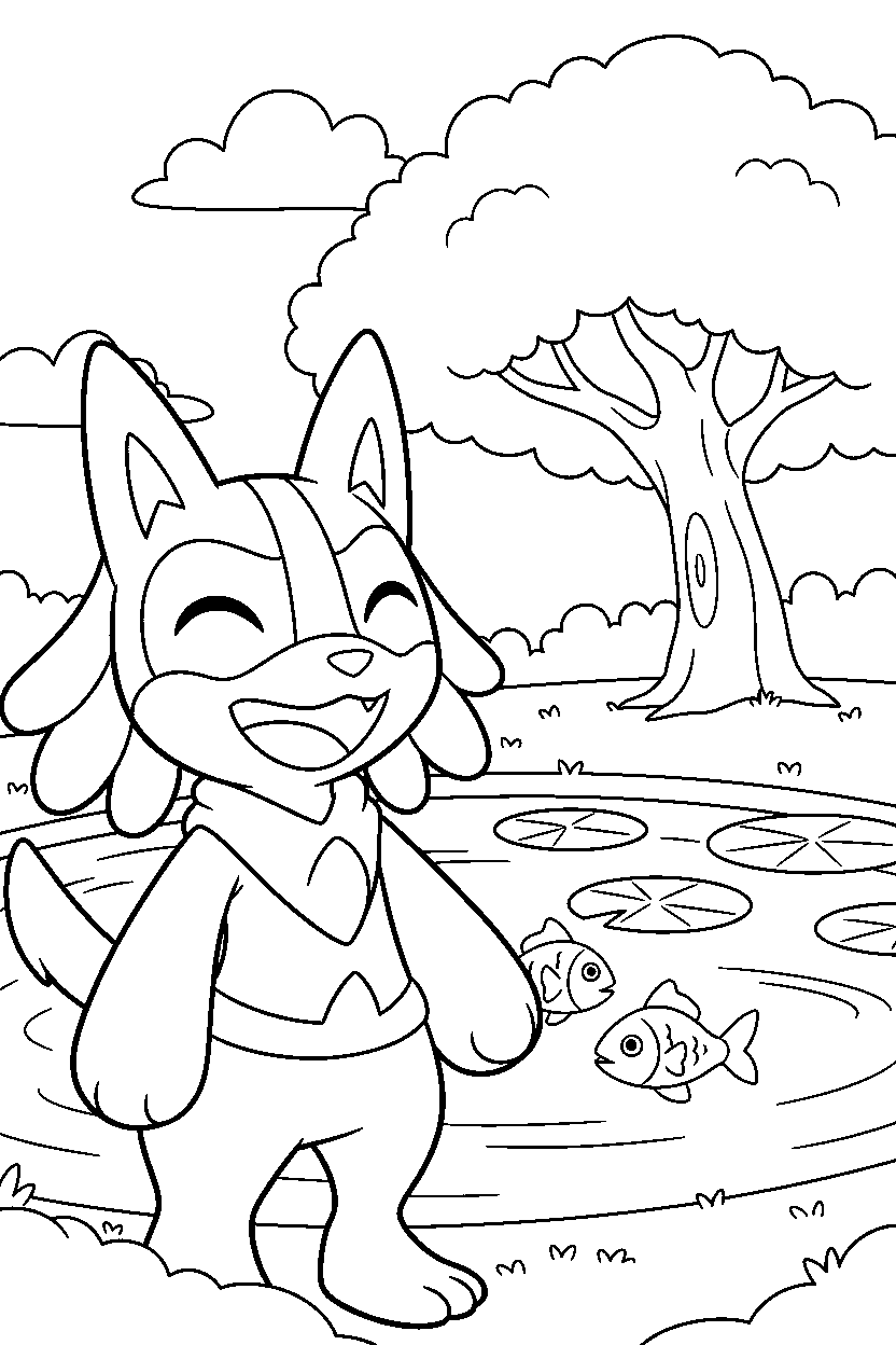 lucario pokemon smiling happily near a peaceful pond line art
