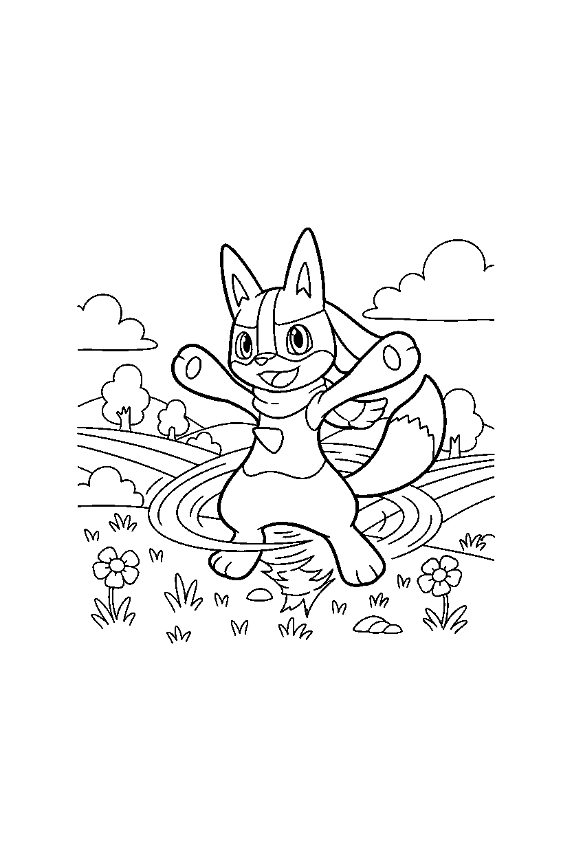 lucario pokemon spinning happily in a countryside field line art