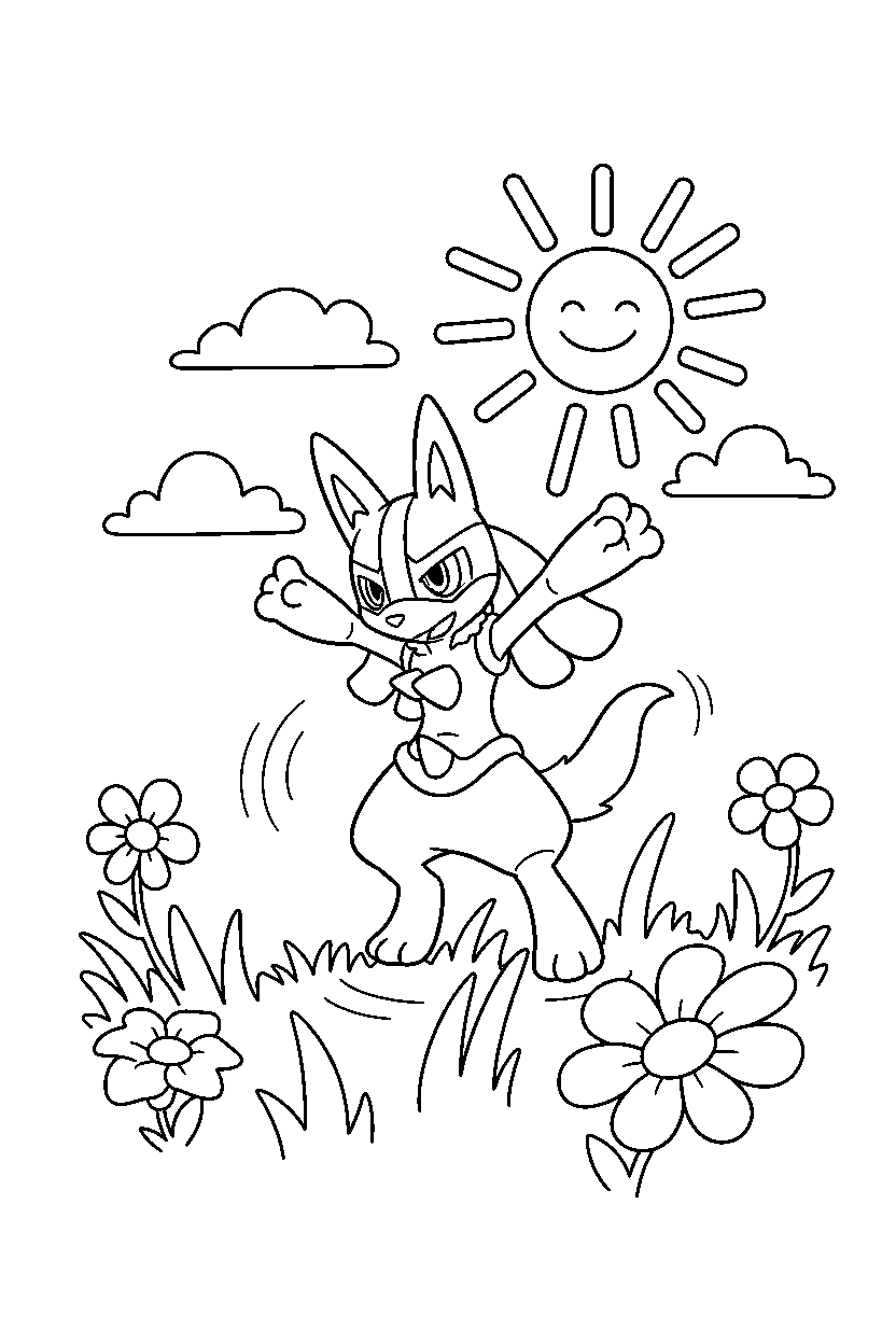 lucario pokemon spinning happily in a sunny meadow line art