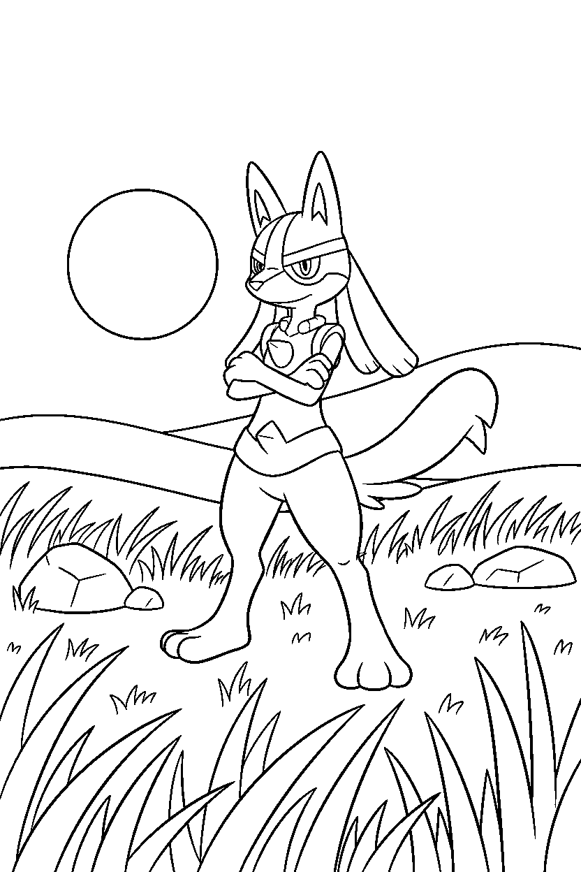 lucario pokemon standing proudly in a grassy field line art