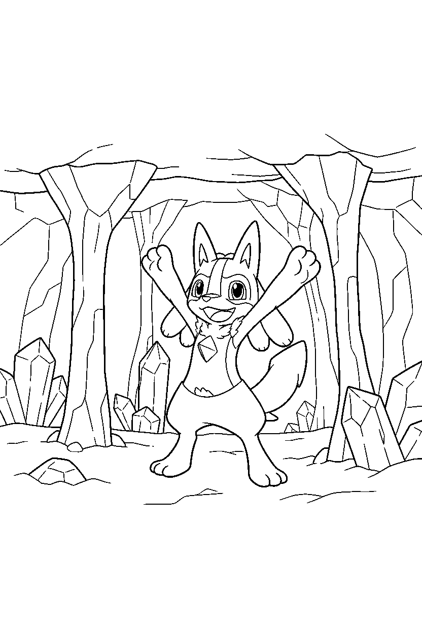 lucario pokemon stretching happily inside a crystal cave line art