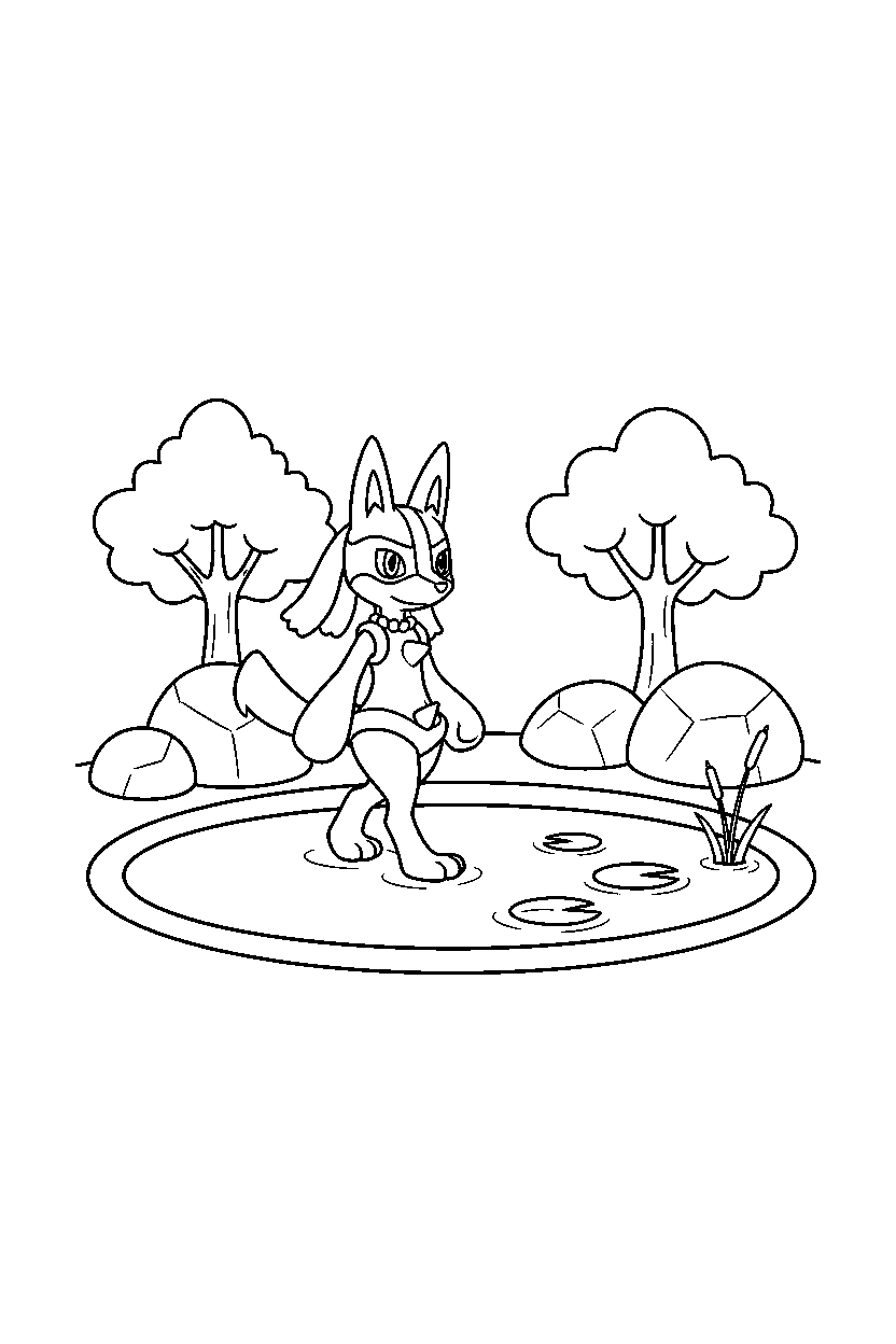 lucario pokemon walking gently near a peaceful pond line art