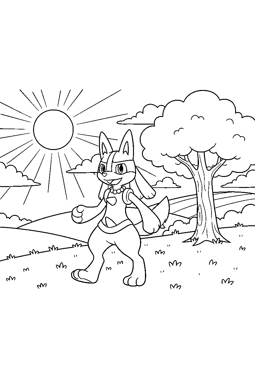 lucario pokemon walking happily in a sunny countryside line art