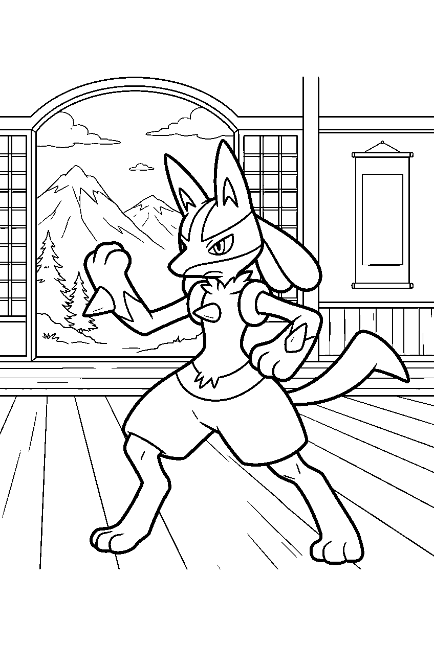 lucario practicing a fighting stance inside a mountain dojo line art
