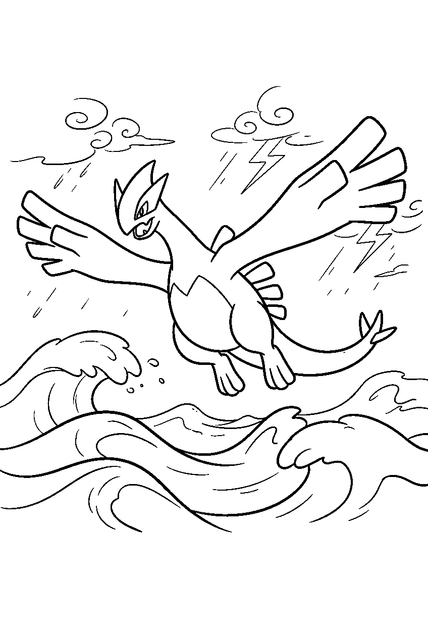 lugia gliding above waves in a stormy ocean line art