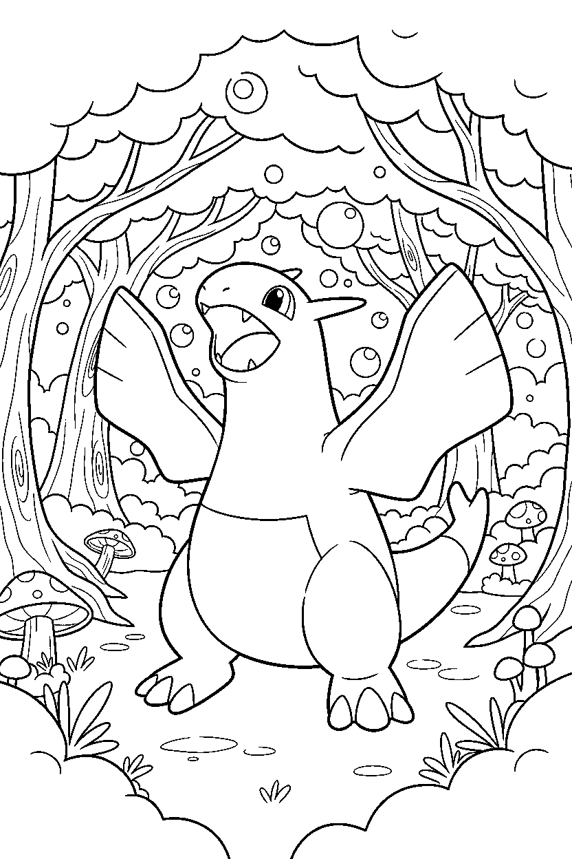 lugia pokemon cheering happily in a magic forest line art