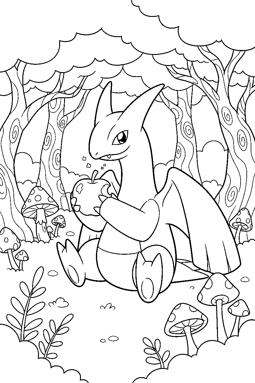 lugia pokemon eating a snack in a magic forest line art