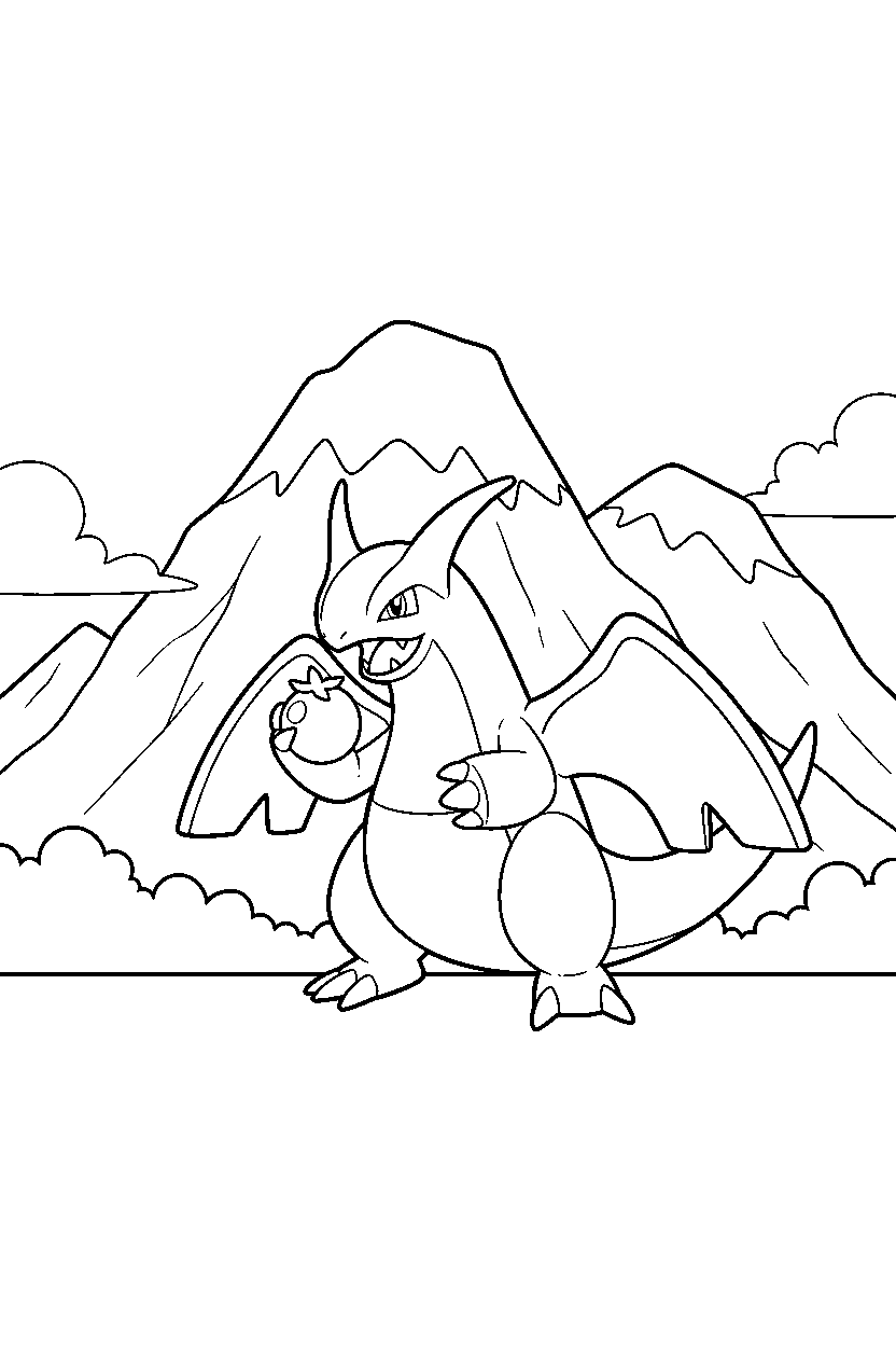 lugia pokemon holding a berry near a mountain line art