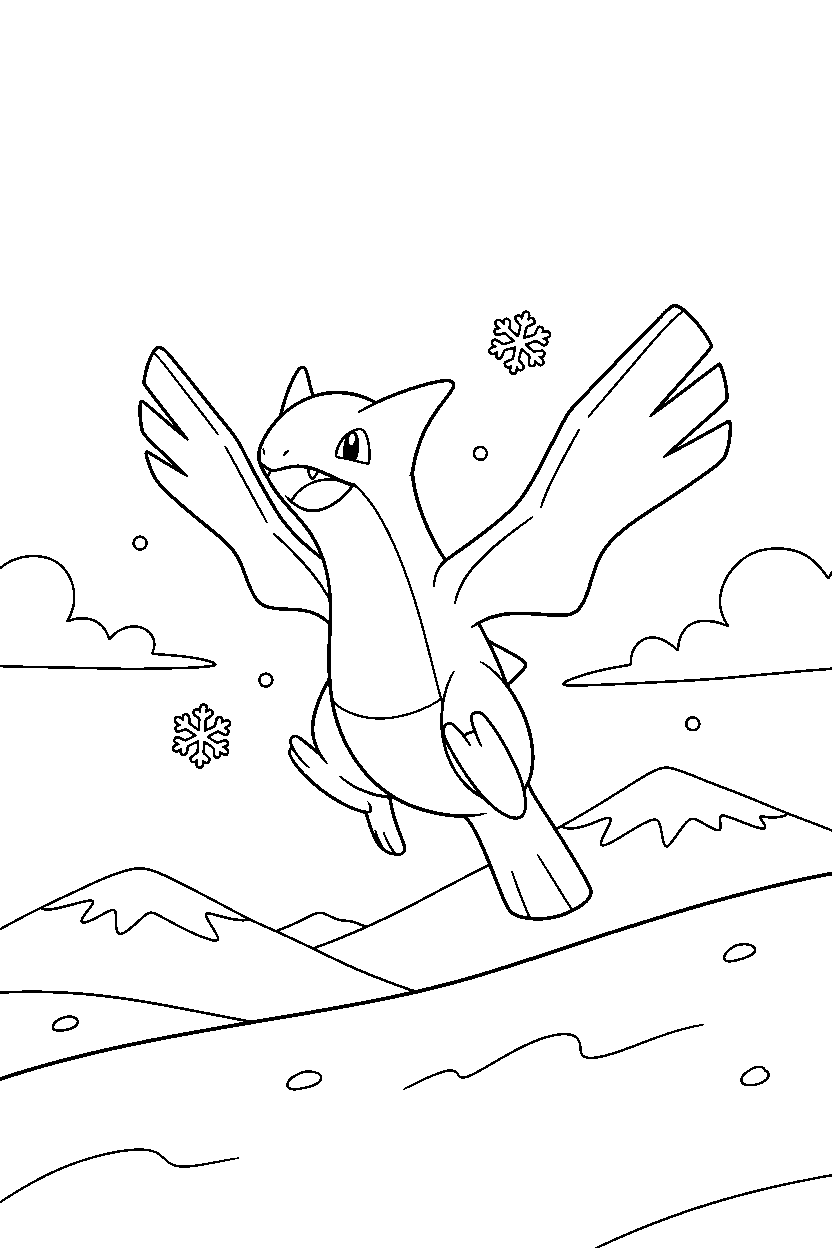lugia pokemon jumping happily in a snowy field line art