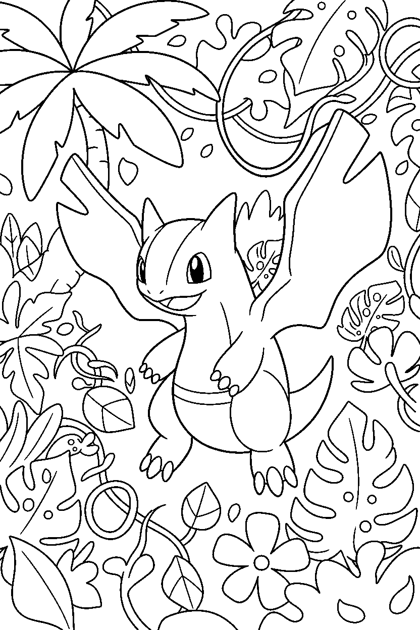 lugia pokemon looking happy in a jungle line art