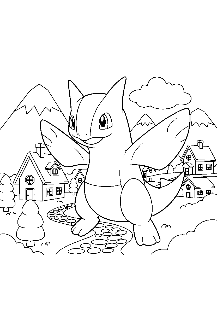 lugia pokemon looking happy in a mountain village line art