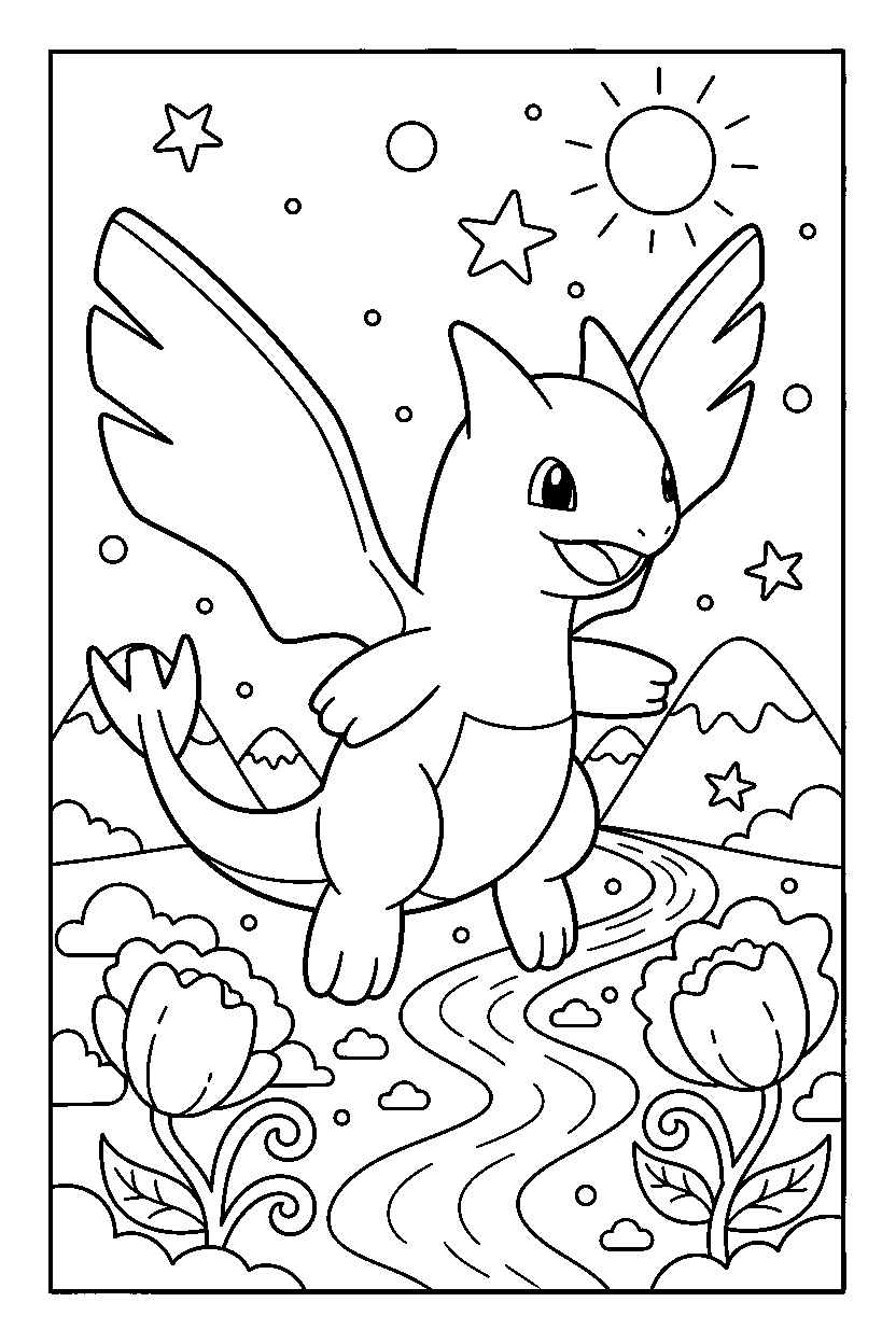 lugia pokemon playing happily in a magical valley line art