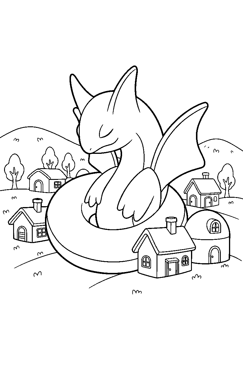 lugia pokemon sleeping peacefully in a peaceful village line art