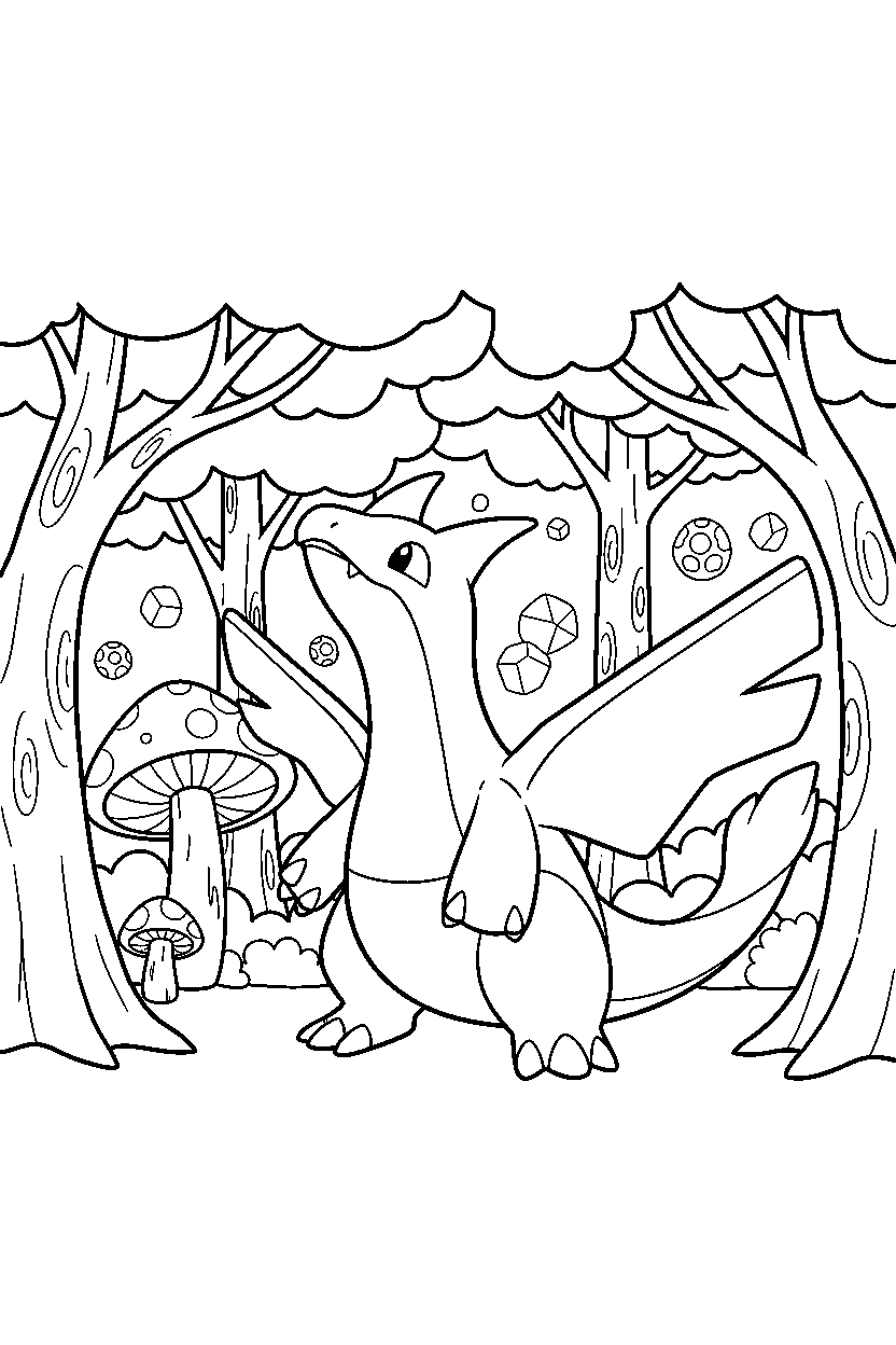 lugia pokemon sniffing the air in a magic forest line art