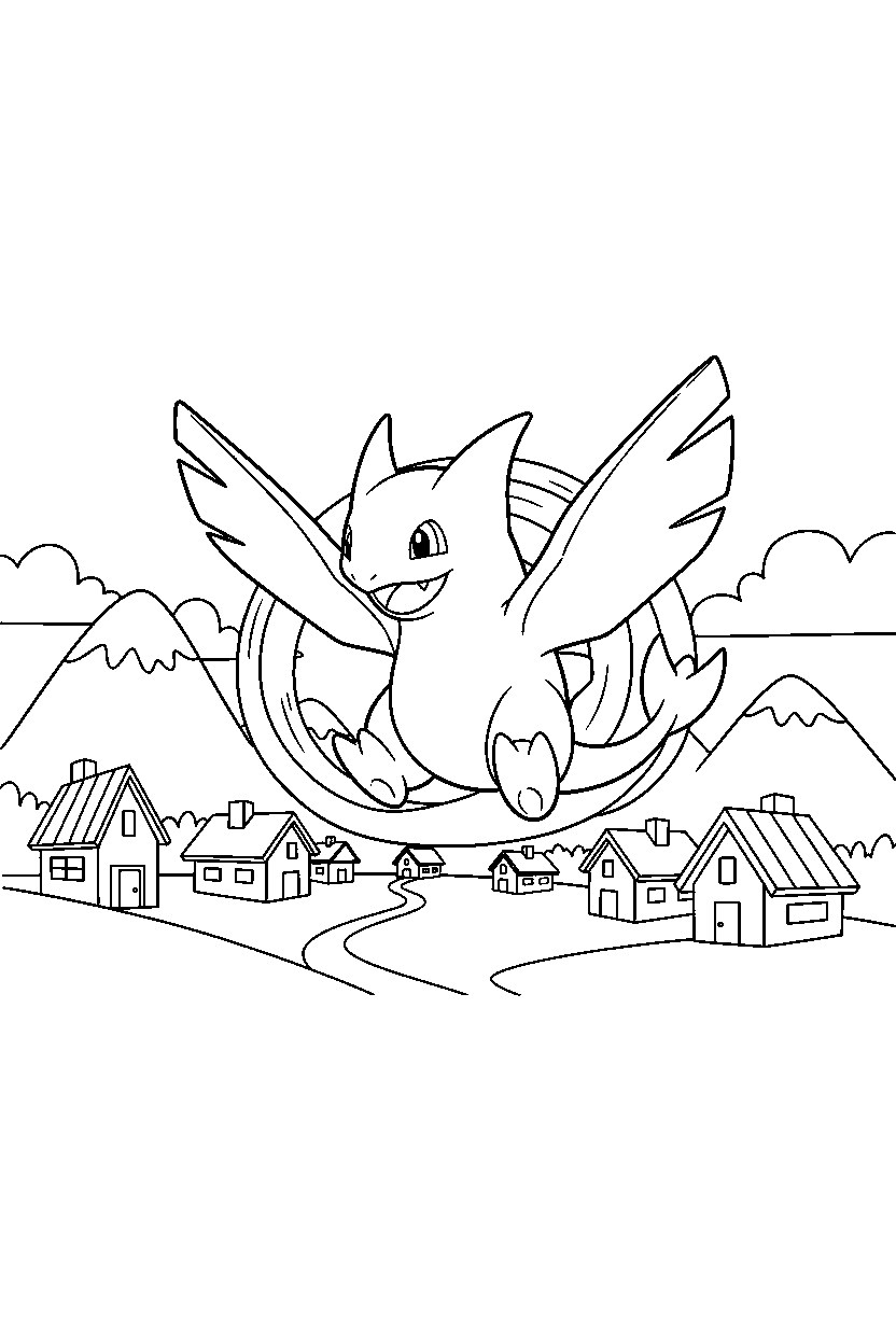 lugia pokemon spinning happily in a mountain village line art