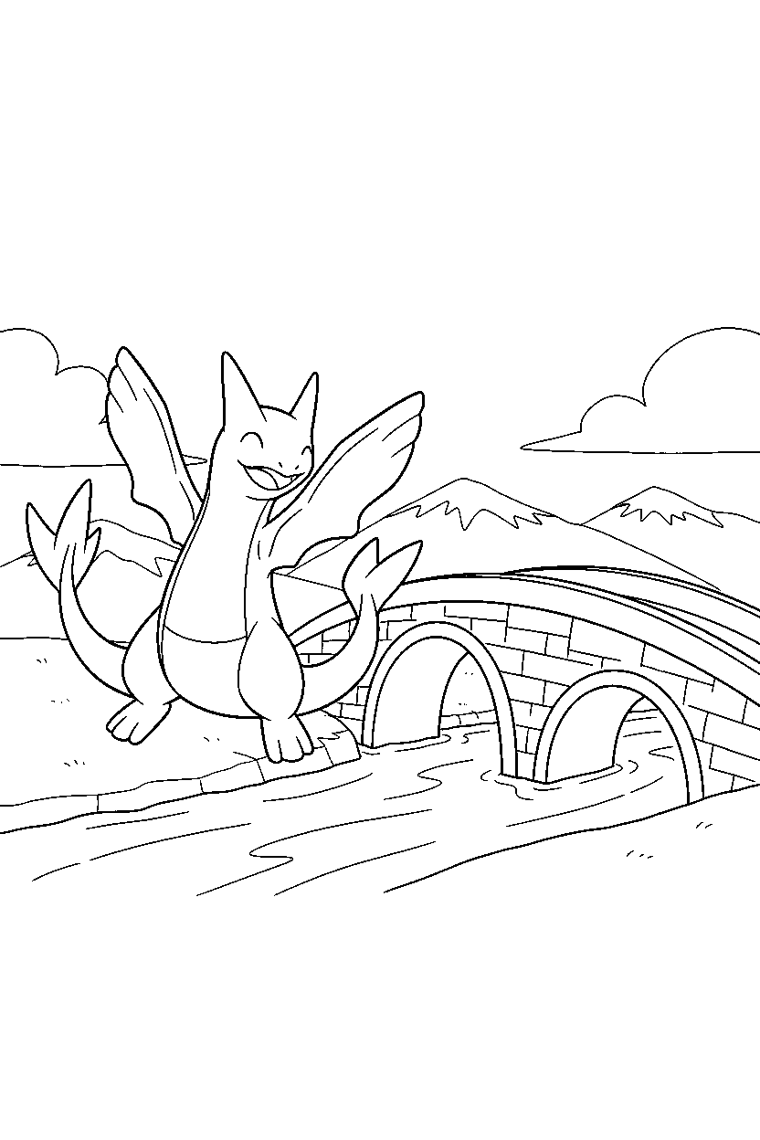 lugia pokemon stretching happily near a bridge line art
