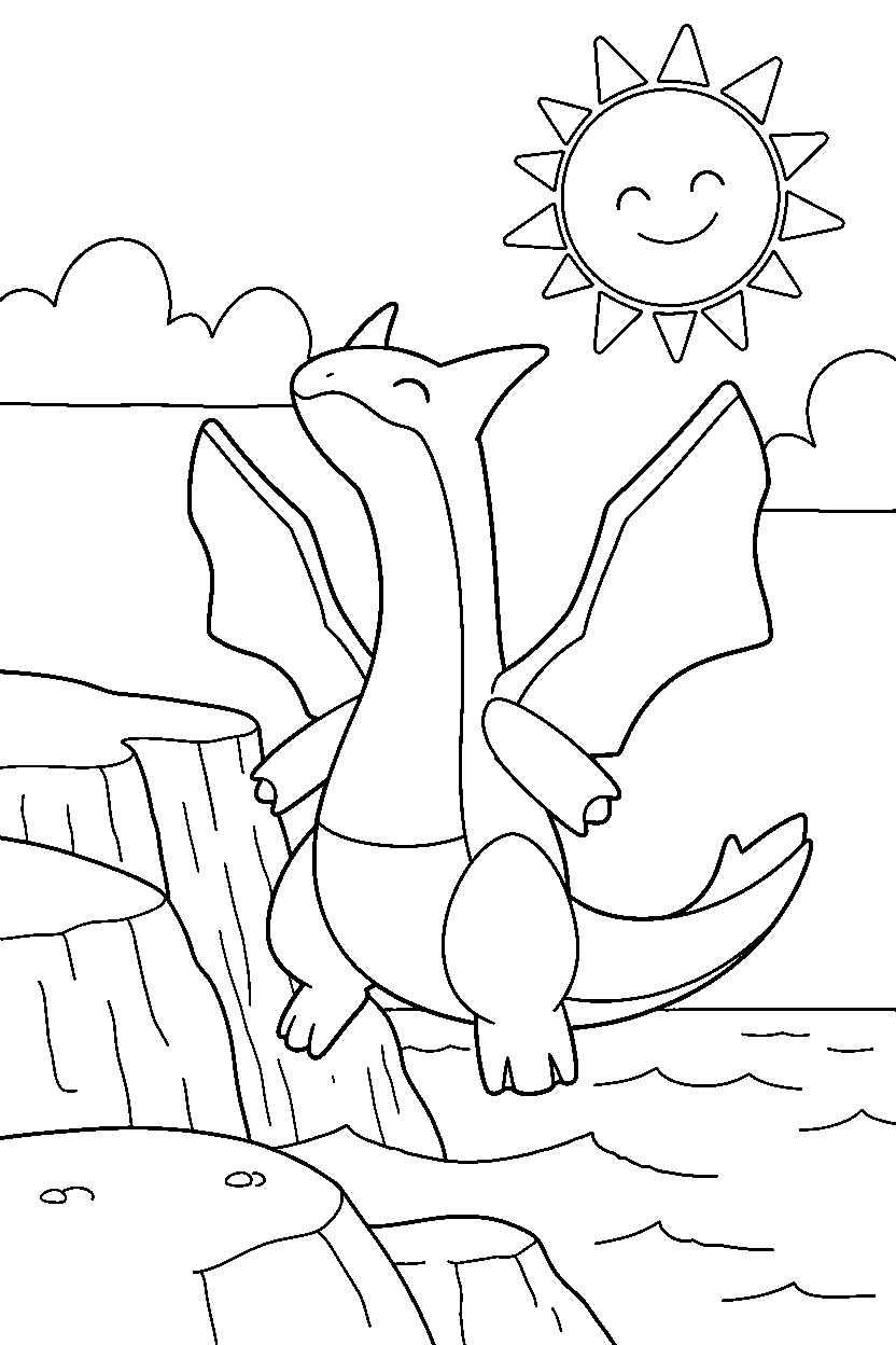 lugia pokemon stretching happily near a seaside cliff line art